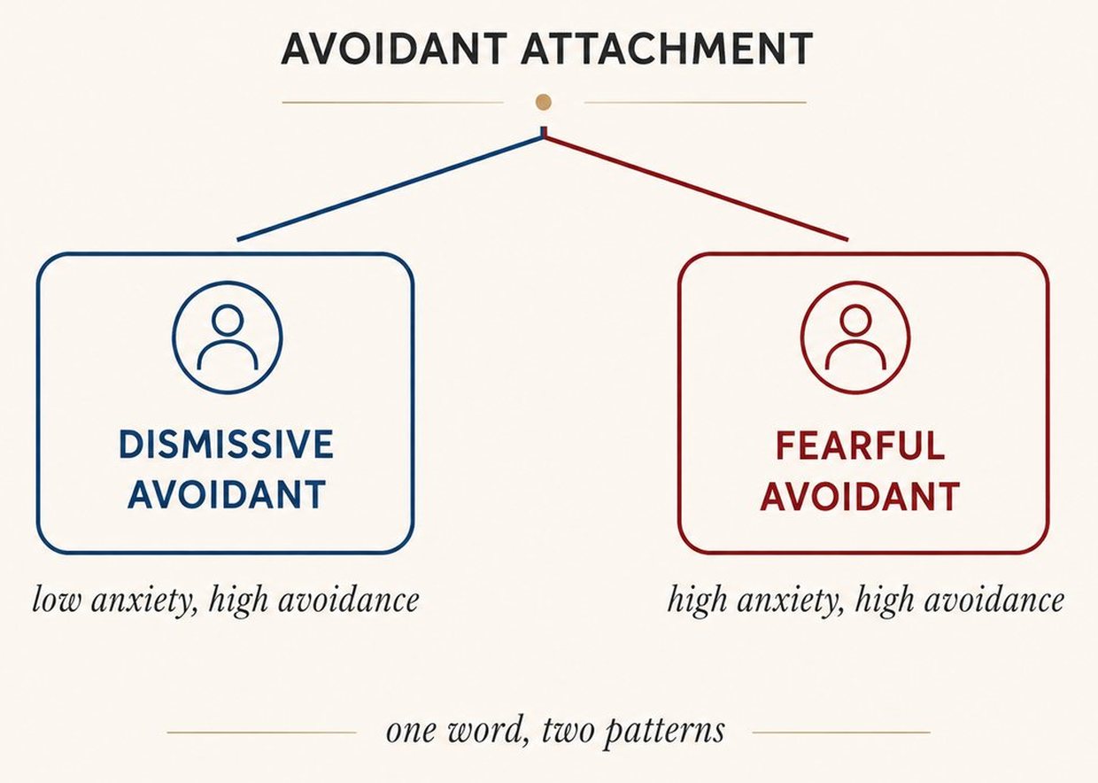 Avoidant attachment splits into two patterns: dismissive avoidant and fearful avoidant, which differ across attachment anxiety and avoidance