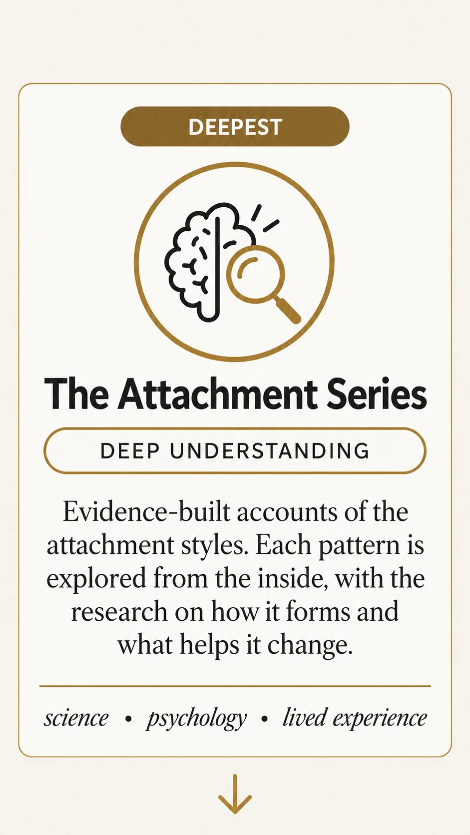 The Attachment Series. Deepest. Deep understanding. Evidence-built accounts of the attachment styles. Each pattern is explored from the inside, with the research on how it forms and what helps it change. Science · psychology · lived experience.